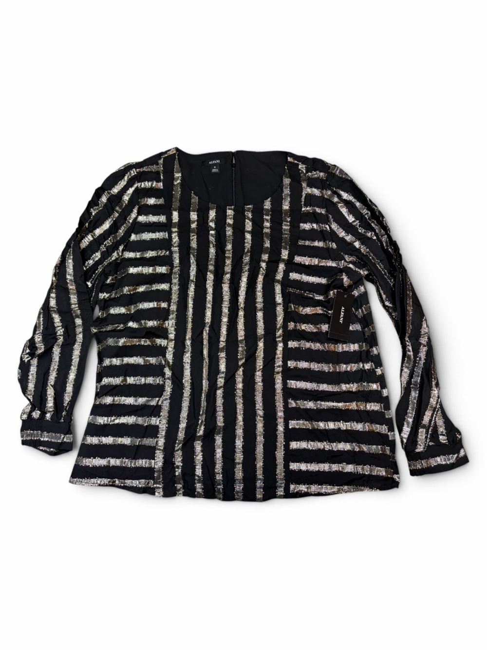 Alfani Black Blouse with Metallic gold Stripes